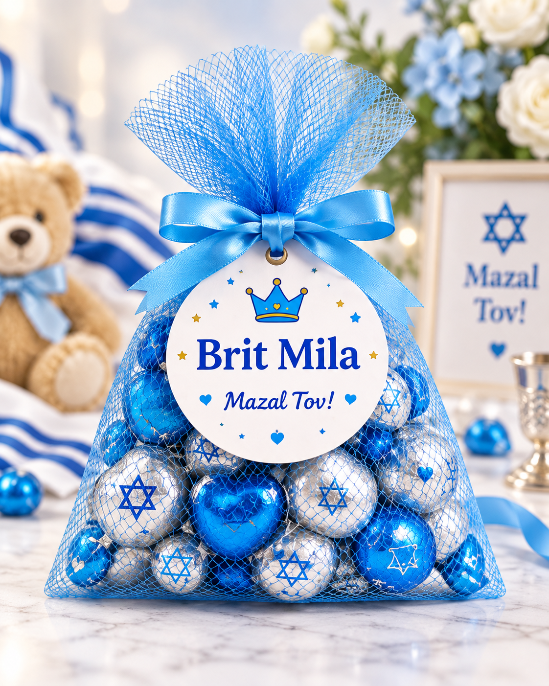 Brit Mila Peckeleh blue mesh candy favor bag for a Jewish baby boy celebration