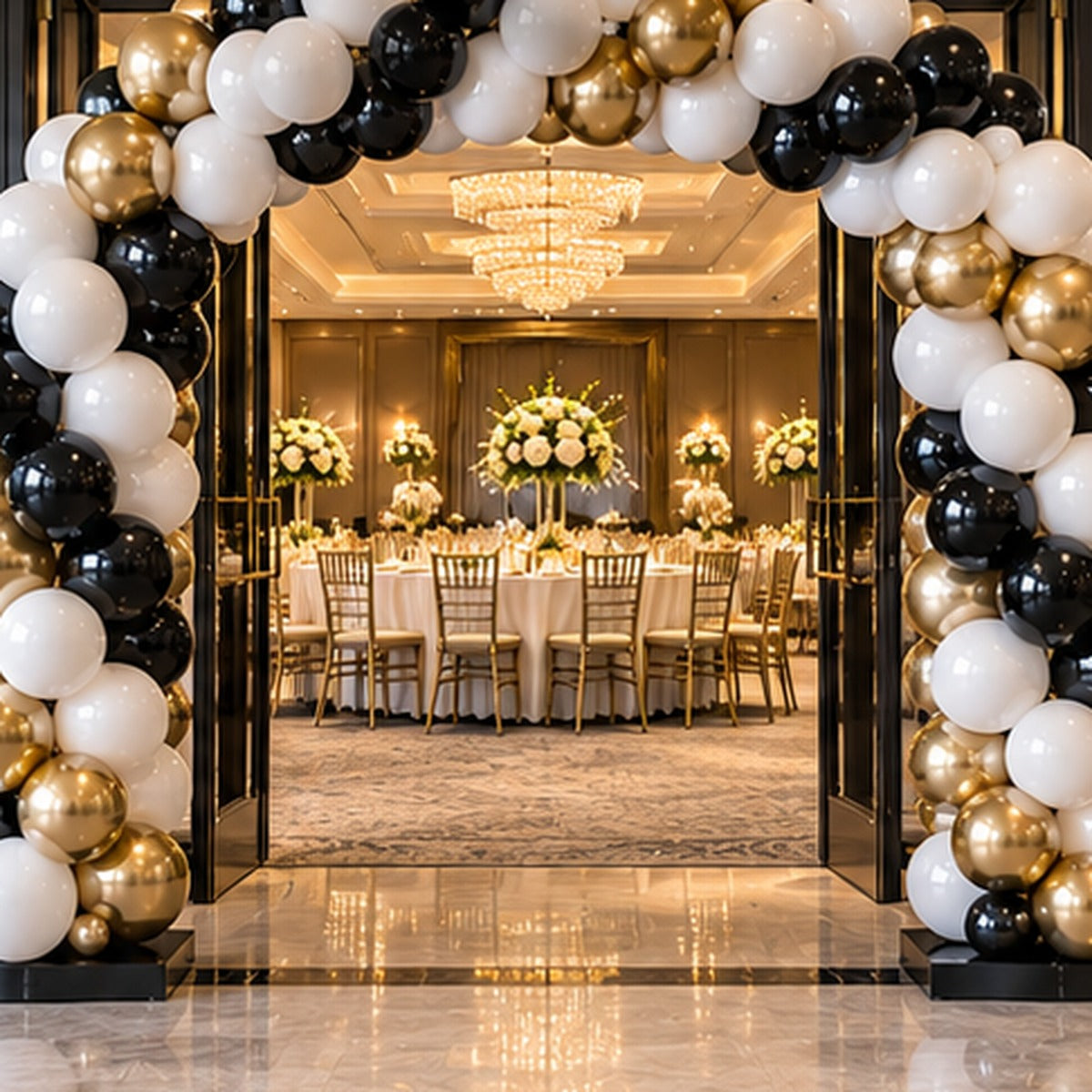 Close view of classic premium balloon entrance arch with black white and gold balloons