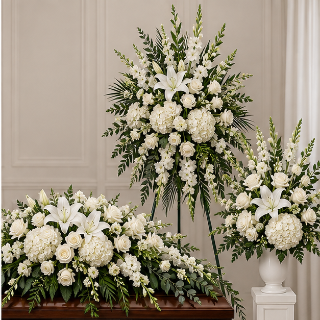 Coordinated funeral flower package with casket spray standing spray and floor arrangement