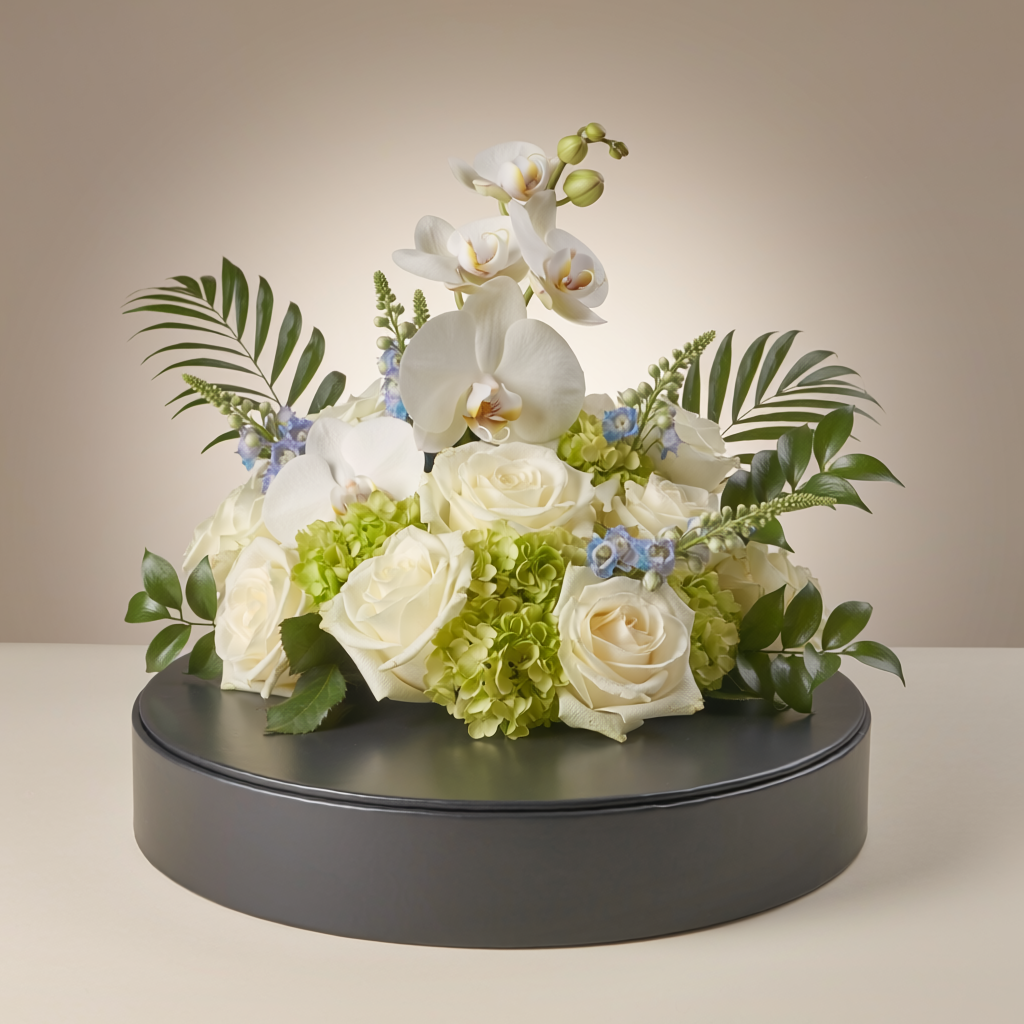 Elegant corporate flower arrangement in a charcoal flower box