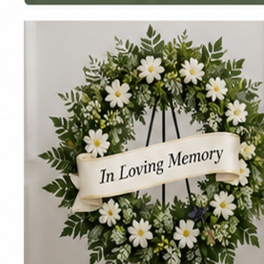 Custom white and green funeral tribute wreath with memorial ribbon on easel