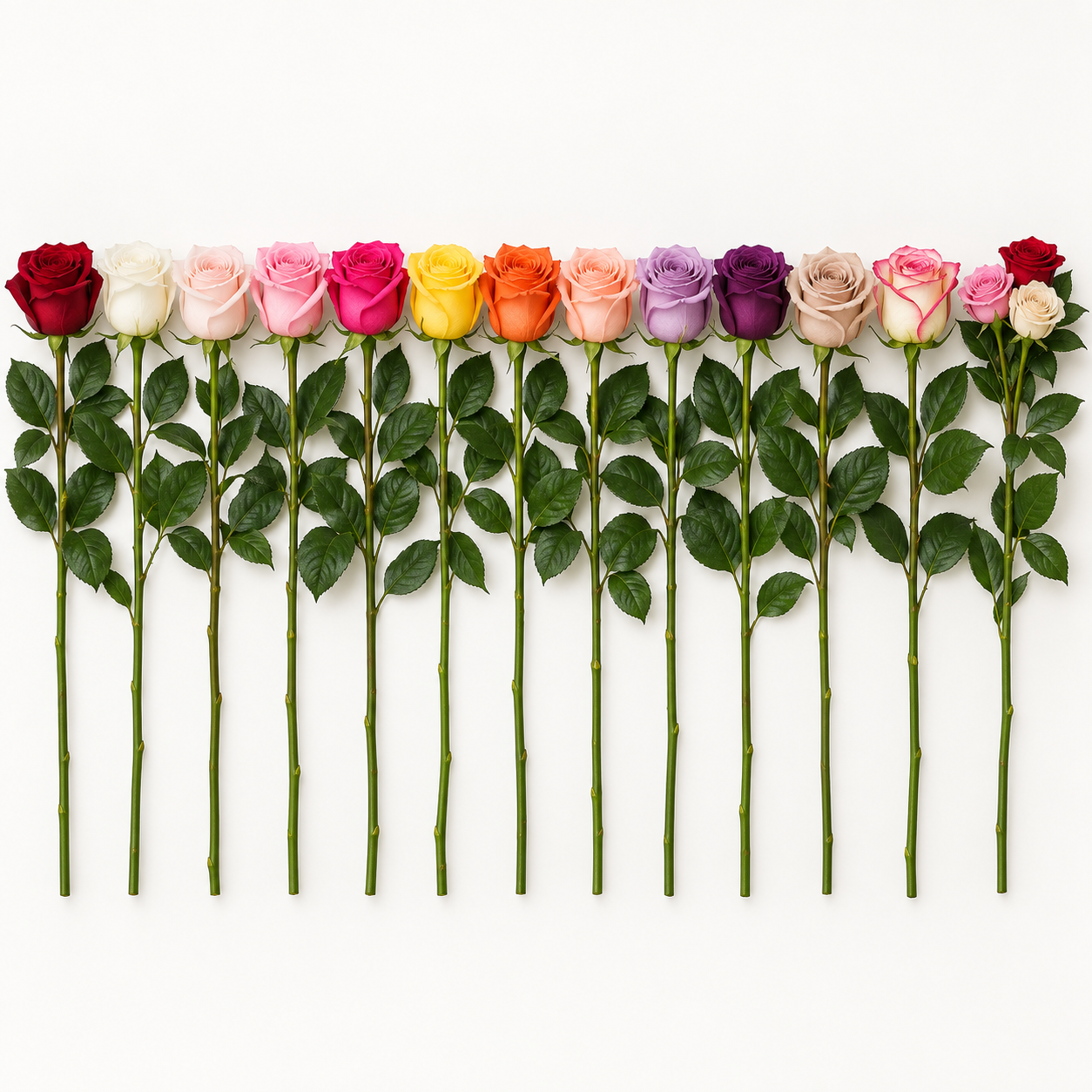 Fresh-cut Ecuadorian premium 70 cm roses with extra-long stems and large blooms shown in 13 color families.