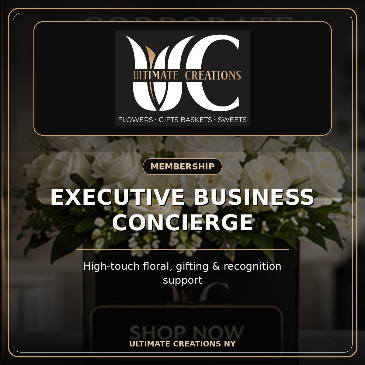 Ultimate Creations Executive Business Concierge with exact UC logo, luxury floral planning and executive gifting support