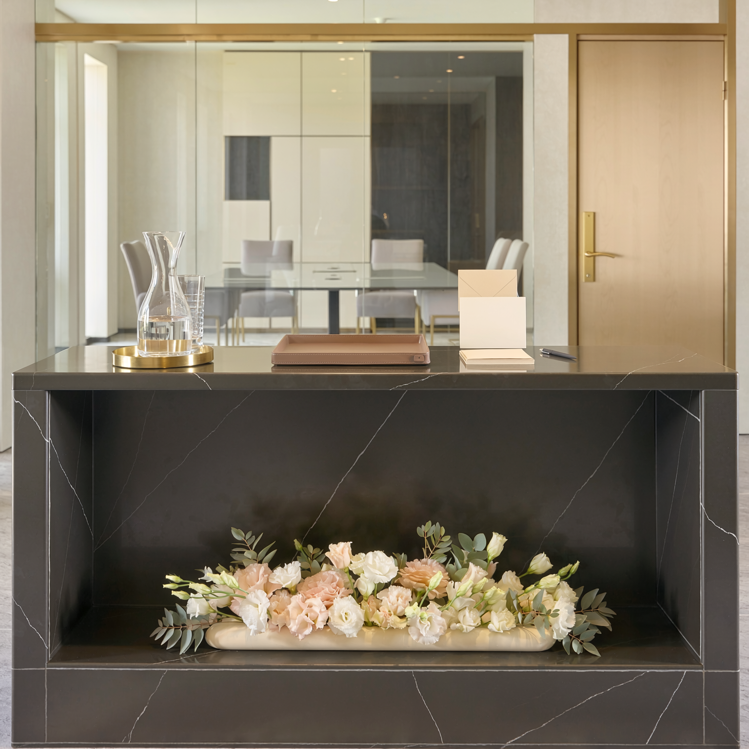 Financial and professional office membership with refined recurring floral styling