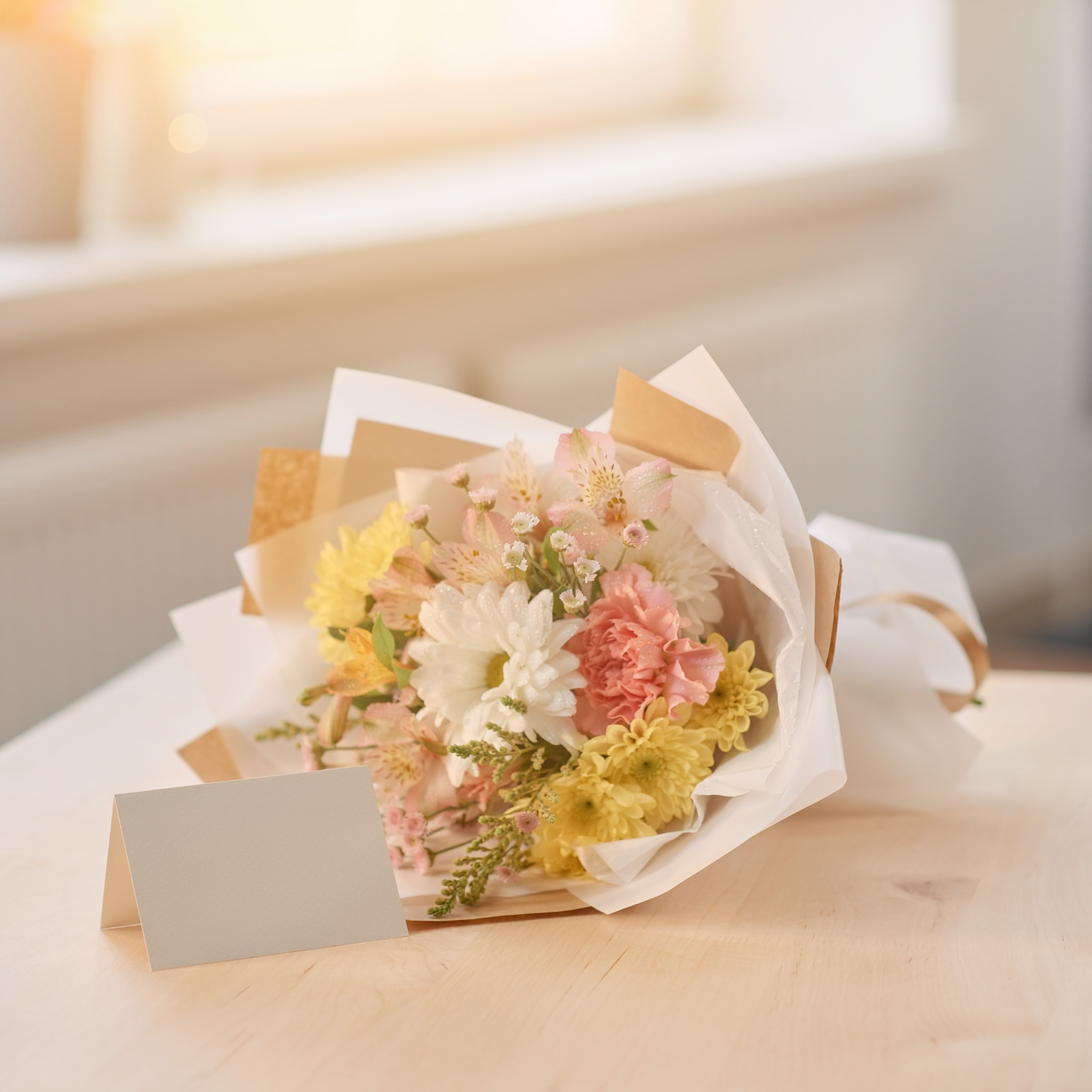 Gift-ready $25 florist's choice hand-tied bouquet beside a blank message card