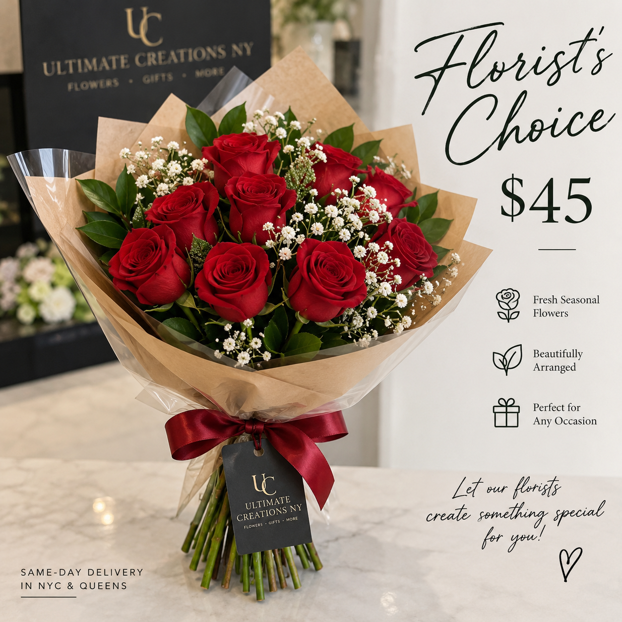 Florist's Choice $45 hand-tied bouquet with approximately one dozen roses and seasonal greenery