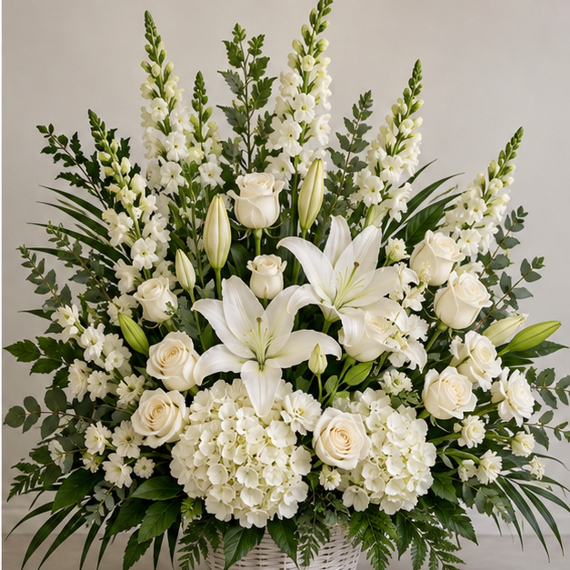 Elegant white and green funeral basket arrangement with lilies roses and hydrangea