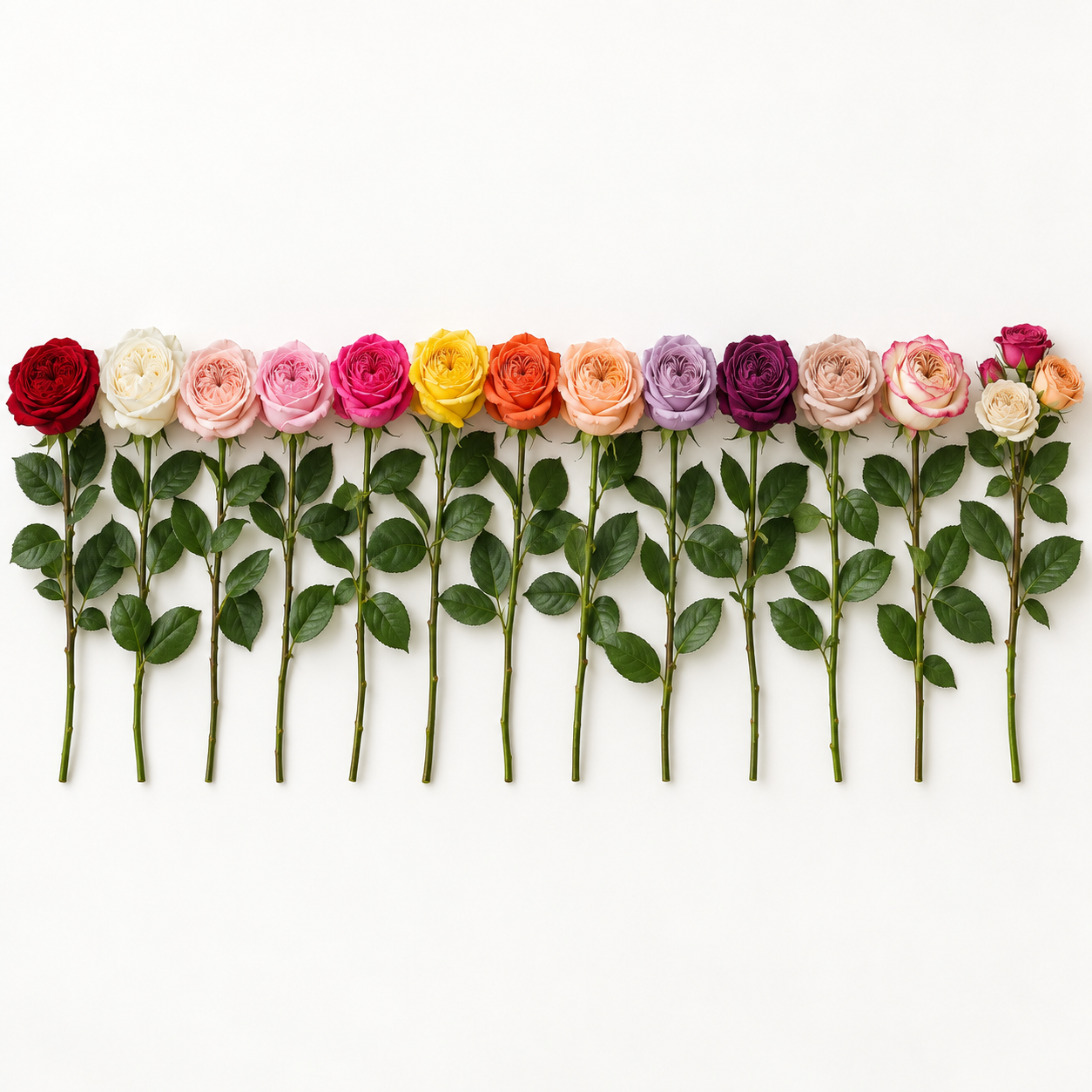 Fresh-cut garden roses with lush high-petal-count blooms shown in 13 color families for romantic arrangements.