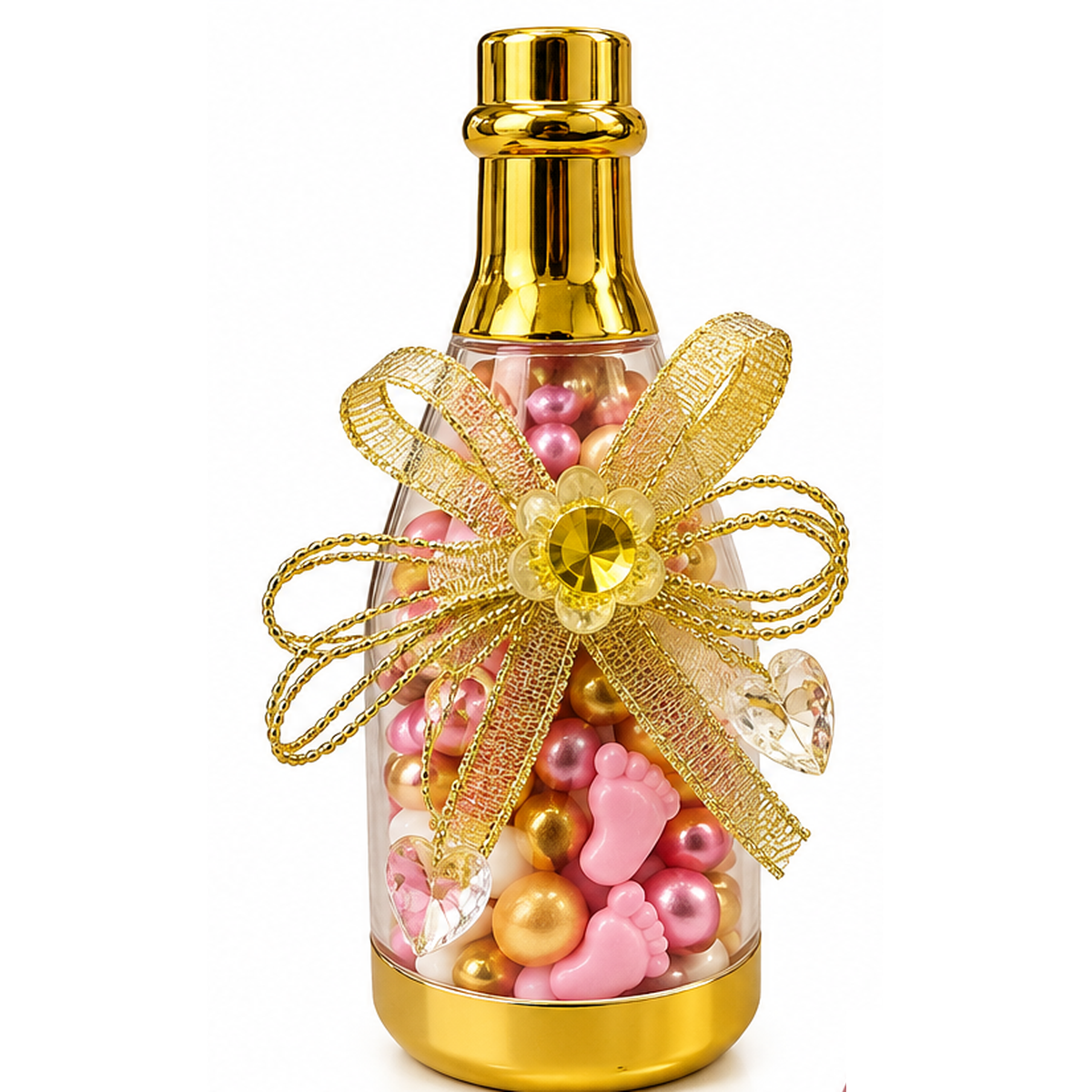 Gold Peckeleh candy bottle favor with themed gender candies on a clean white background