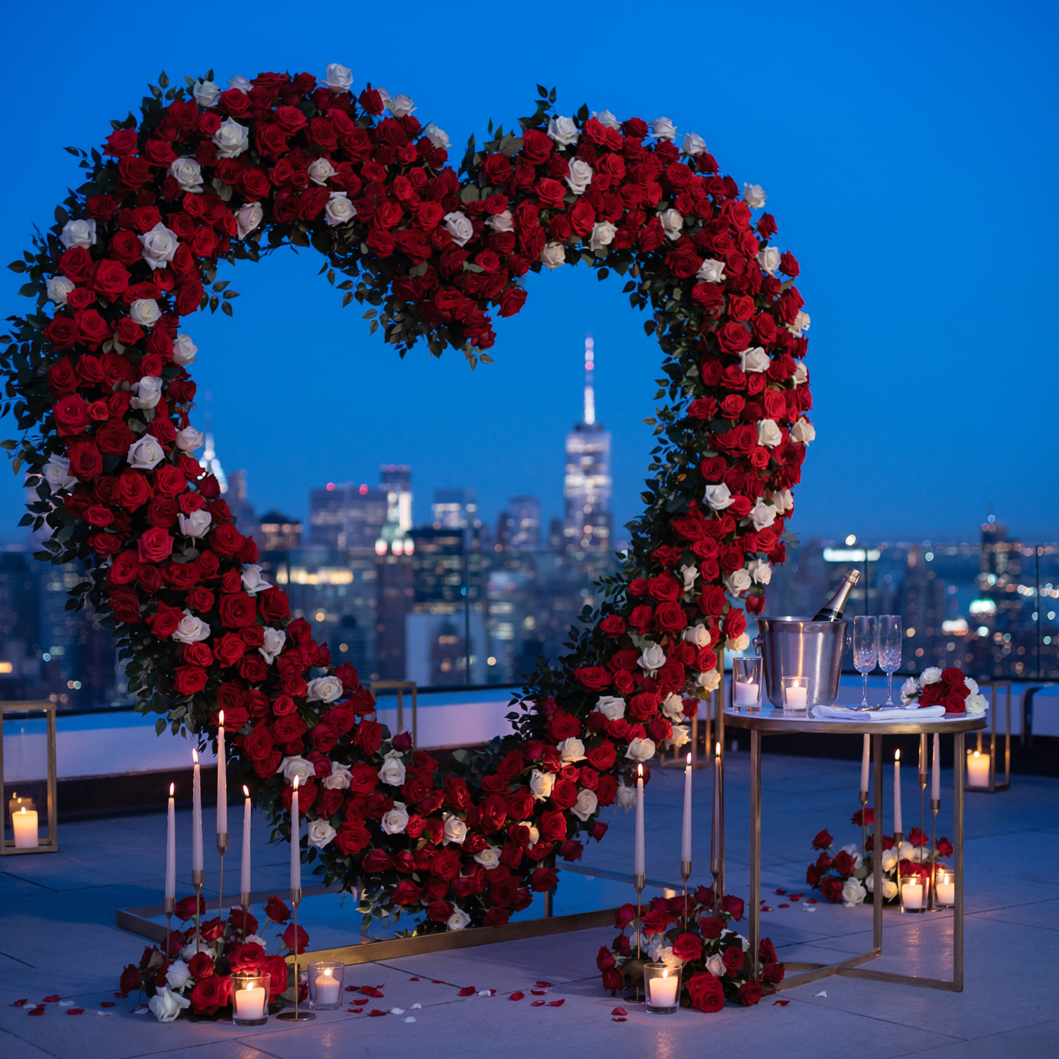 Gold Signature NYC marriage proposal package with fresh florals, candles and professional styling