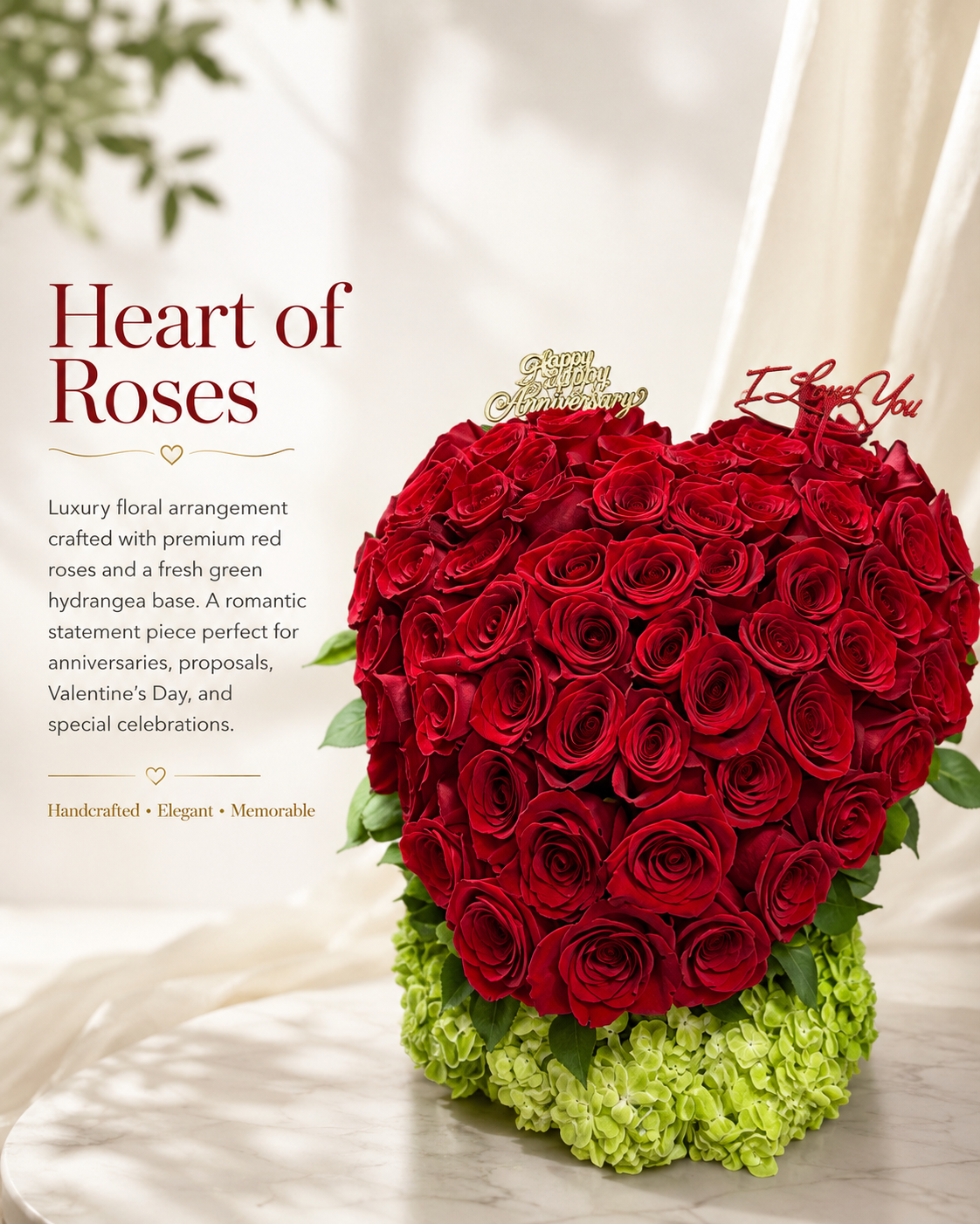 Heart-shaped red rose floral arrangement with green hydrangea base