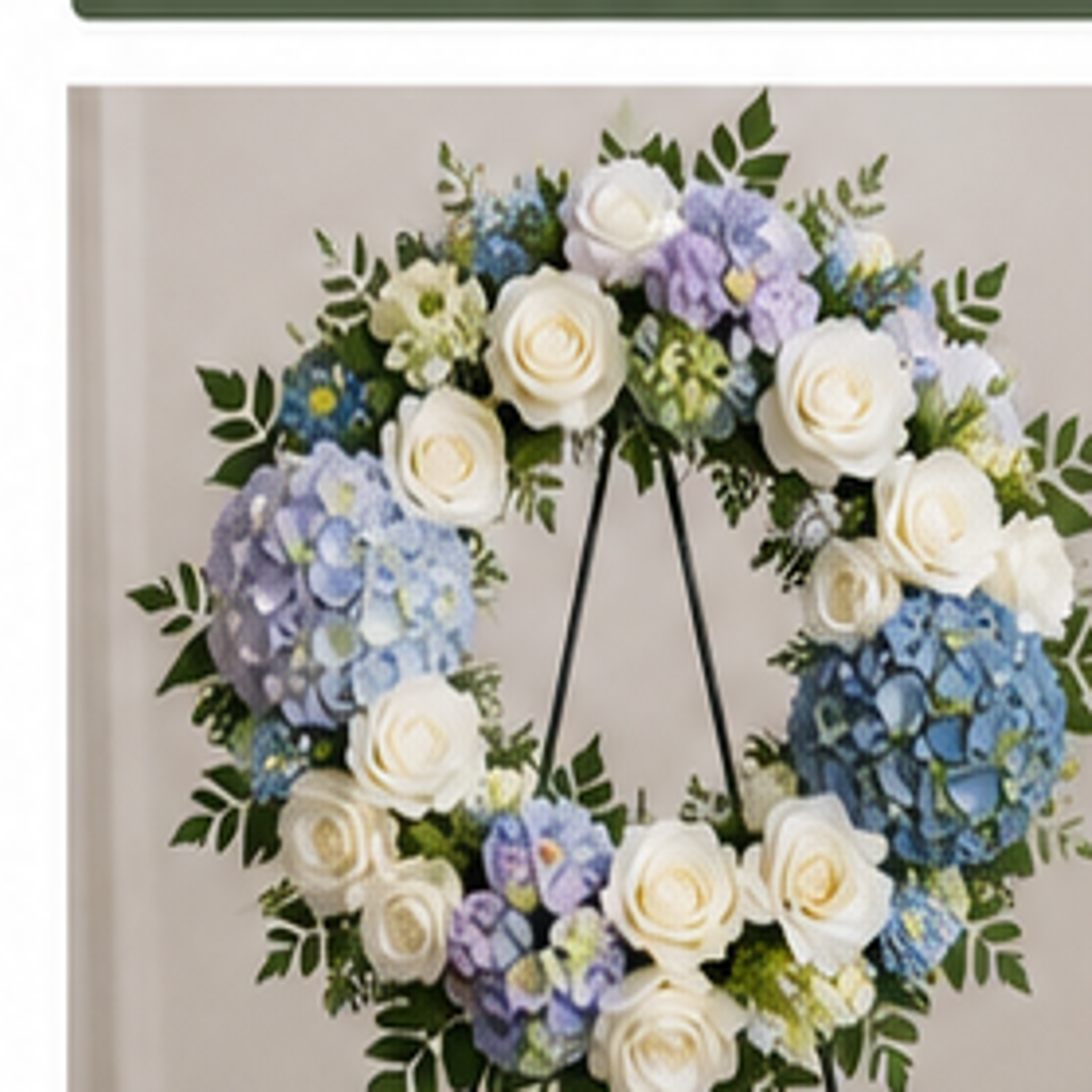 Blue hydrangea and white rose funeral wreath on easel