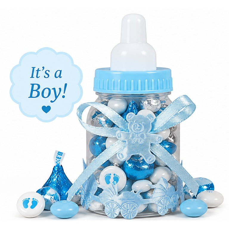 It's a Boy blue baby bottle Peckeleh filled with assorted candies