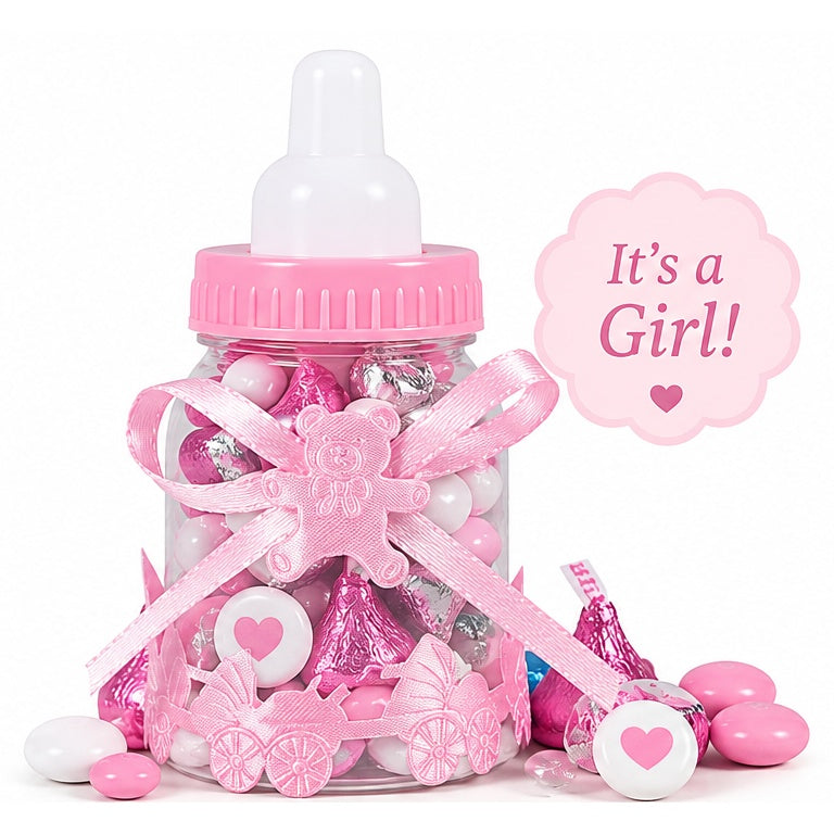 It's a Girl pink baby bottle Peckeleh filled with assorted candies