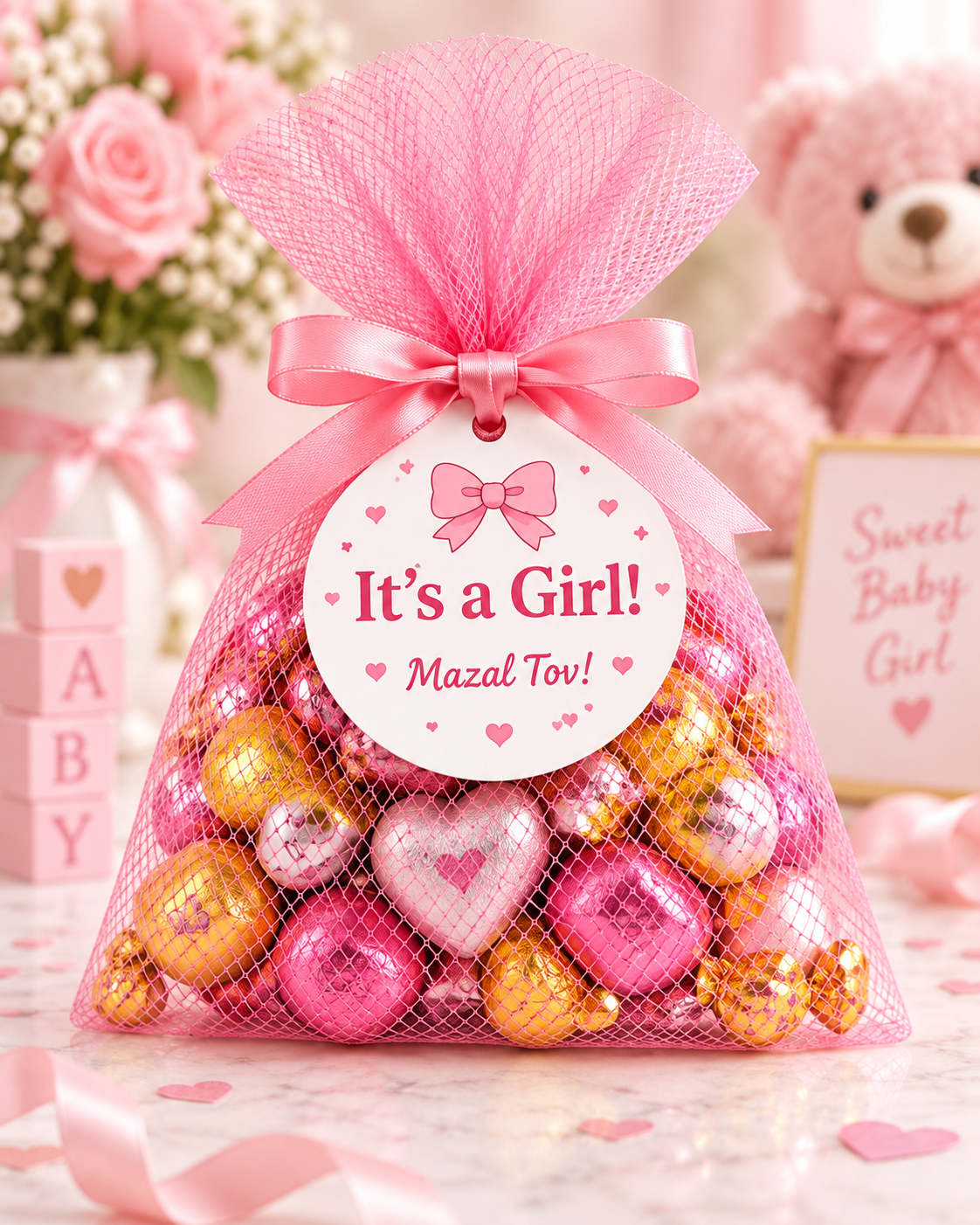 It's a Girl Peckeleh pink mesh candy favor bag for a baby girl celebration
