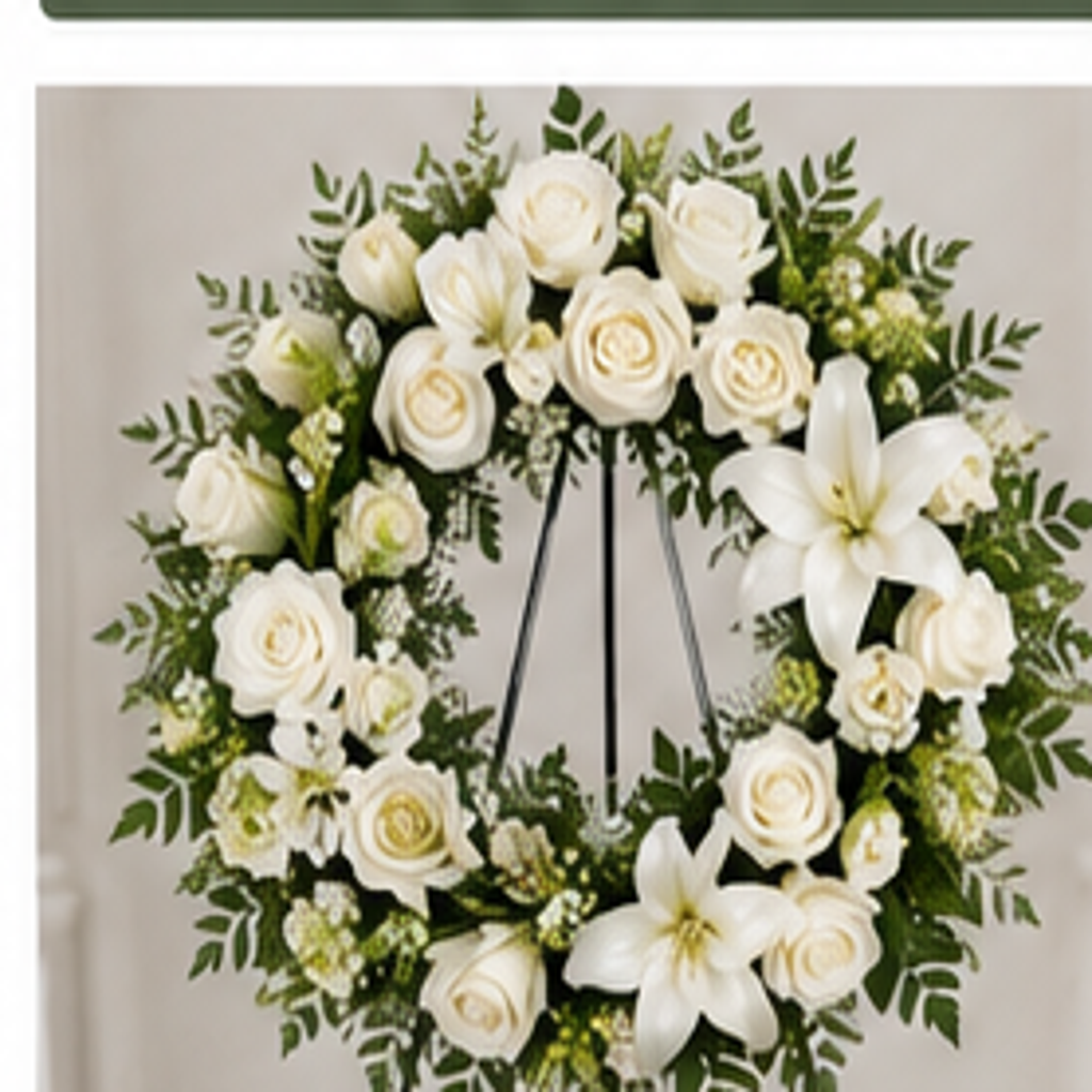 White lily and rose funeral wreath on easel