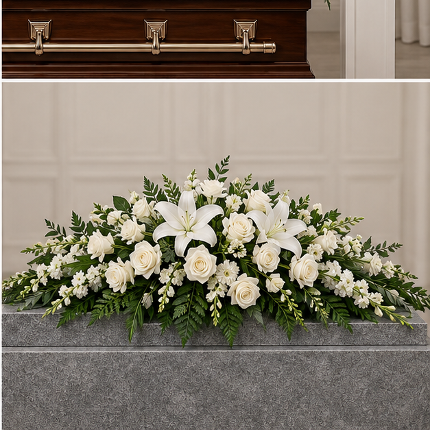 Low white and green memorial graveside flower tribute with lilies roses and greenery
