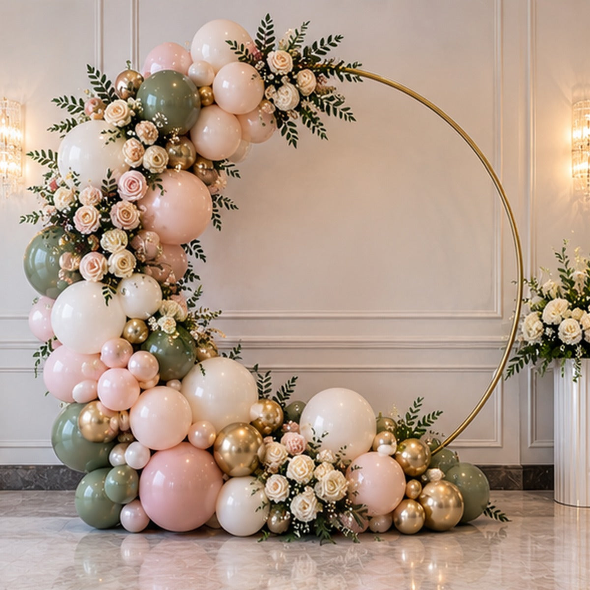 Luxury gold hoop backdrop with blush cream green and gold organic balloons