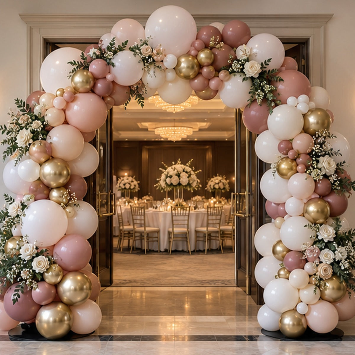 Luxury organic balloon arch framing an elegant event entrance
