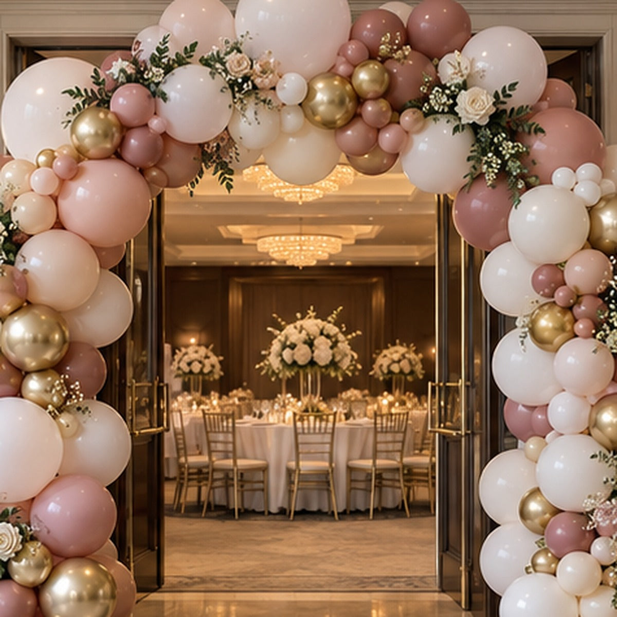 Close detail of premium organic balloon arch with mixed sizes and floral accents