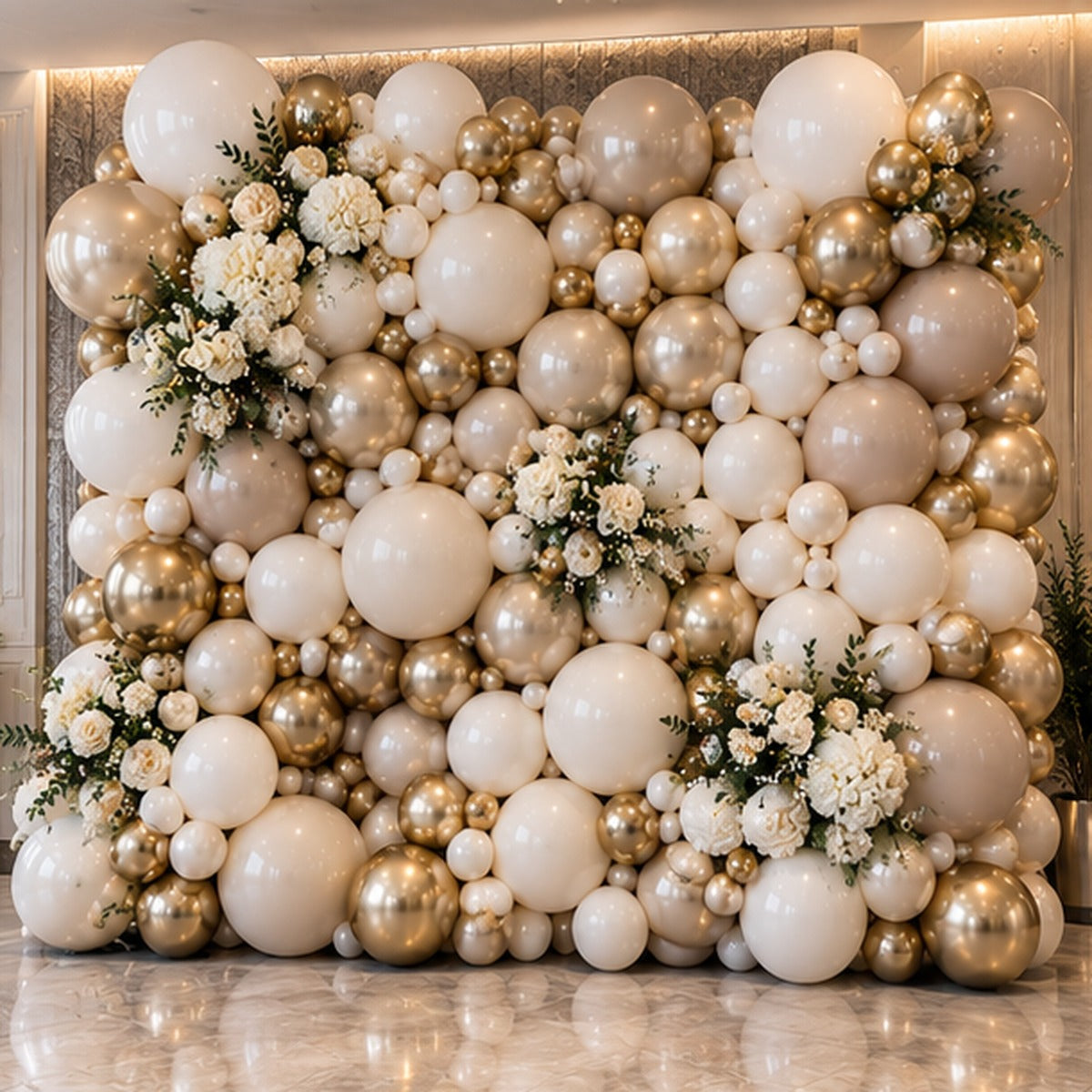 Luxury ivory cream and gold organic balloon wall with floral accents