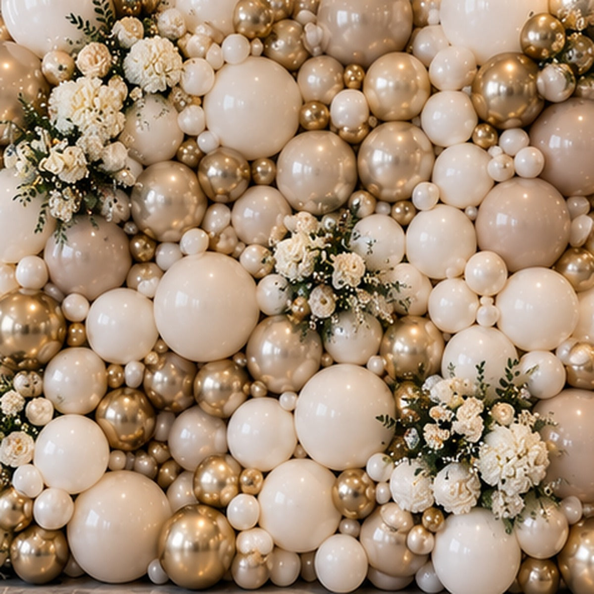 Close view of a premium organic balloon wall with mixed balloon sizes and metallic accents