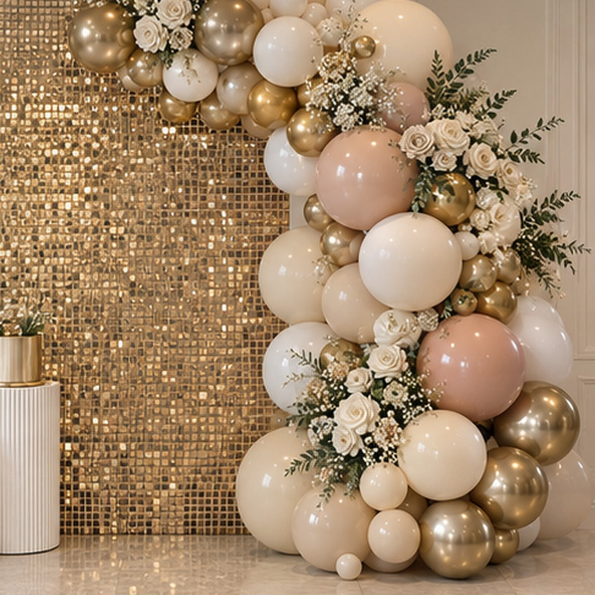 Close view of premium organic balloons on a luxury curved event backdrop