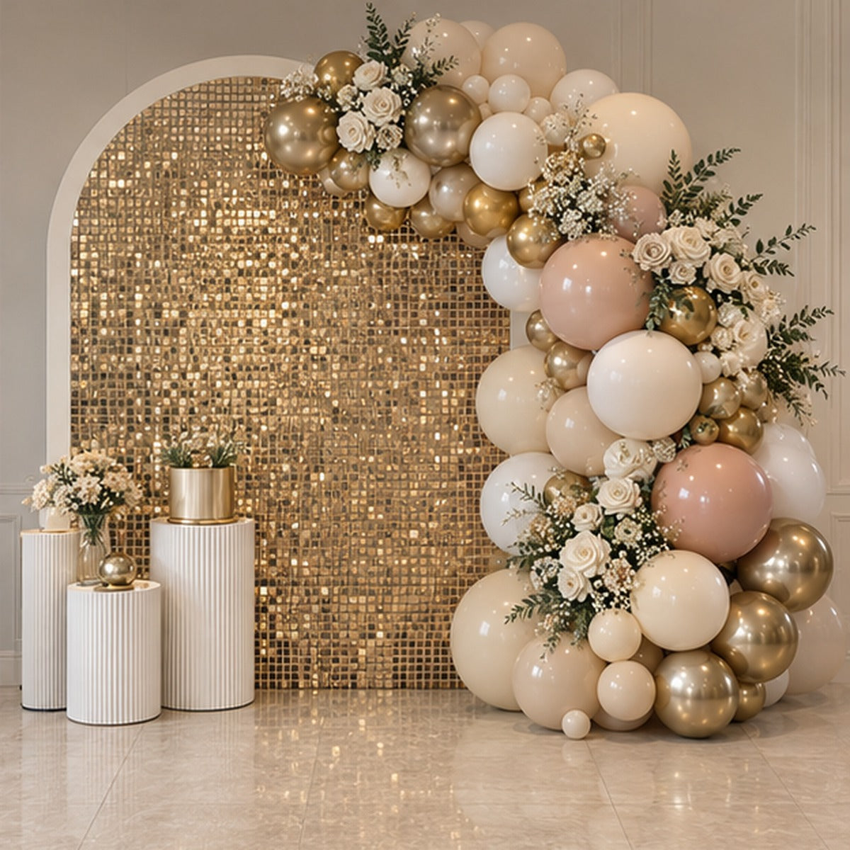 Luxury gold shimmer wall with premium organic balloon garland and floral accents