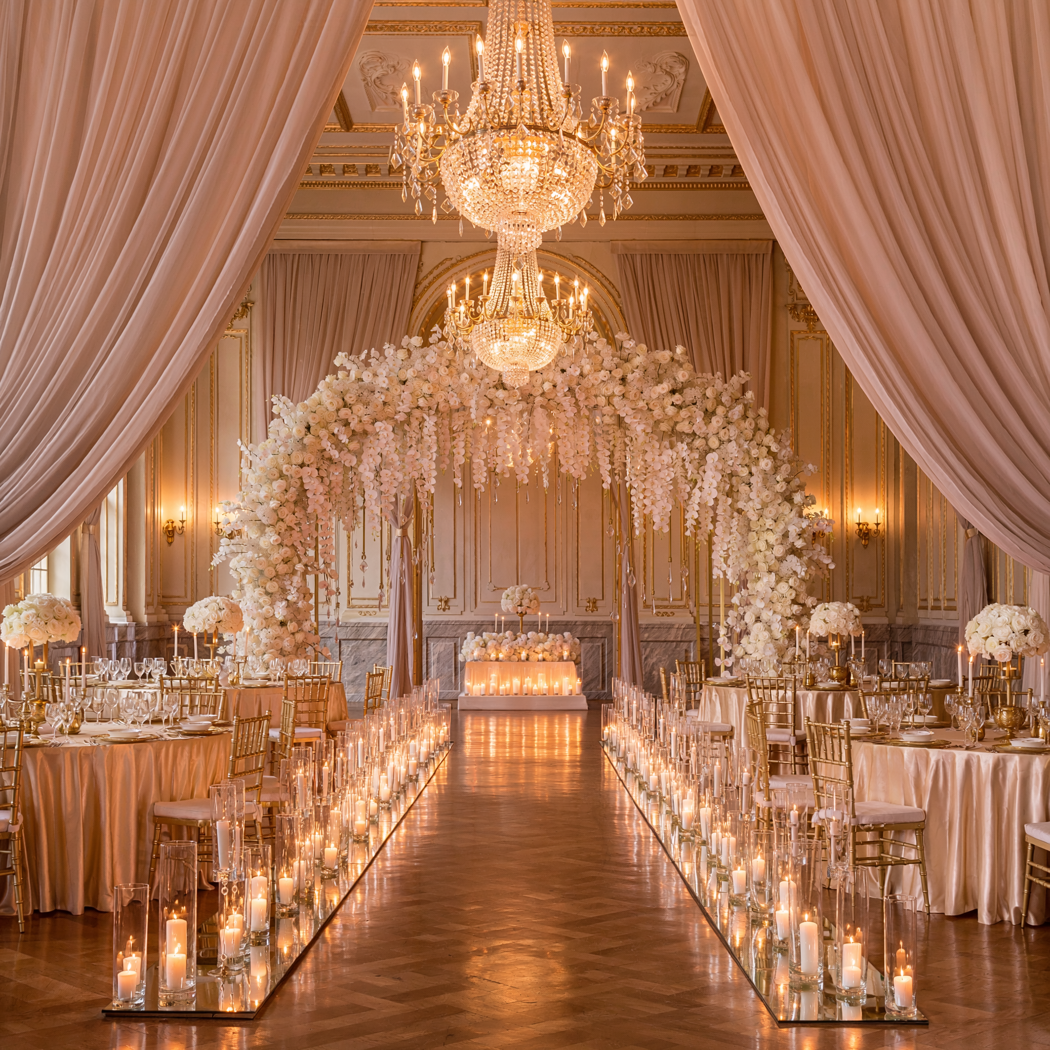 Luxury wedding ballroom with floral ceremony arch, candlelit aisle, draping and gold reception details