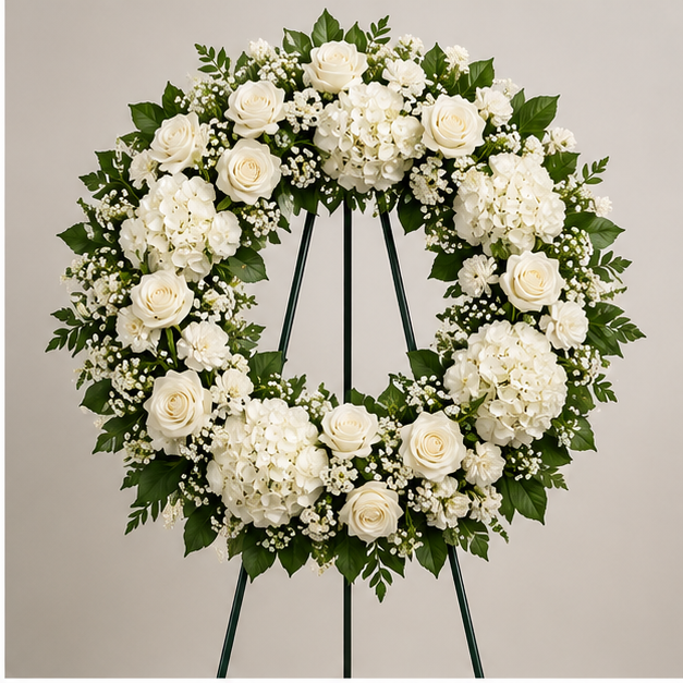 White and green memorial funeral wreath on easel for funeral services in Queens NY