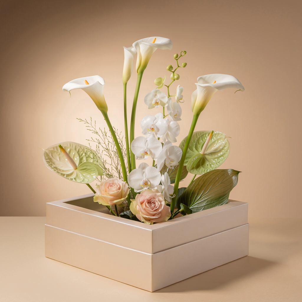 Modern sculptural luxury flower arrangement in a black box