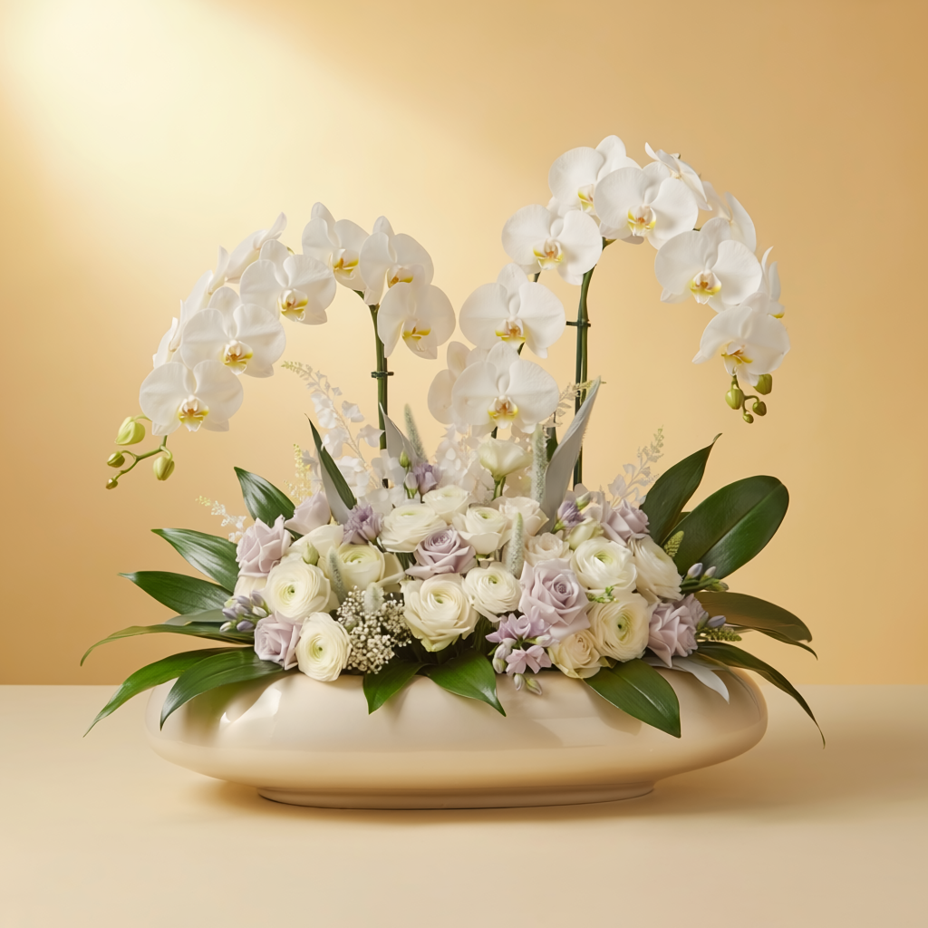 Luxury orchid flower arrangement with white and purple orchids