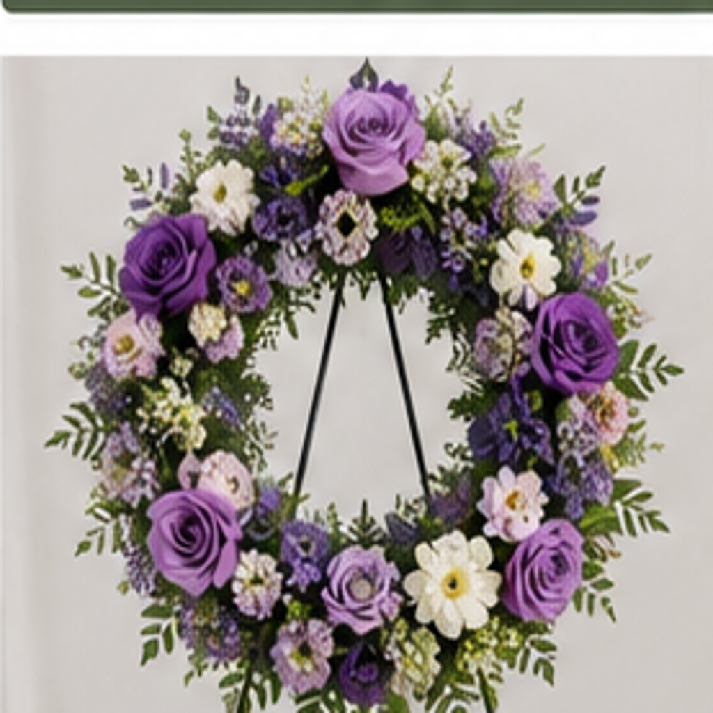 Purple rose and seasonal flower funeral wreath on easel