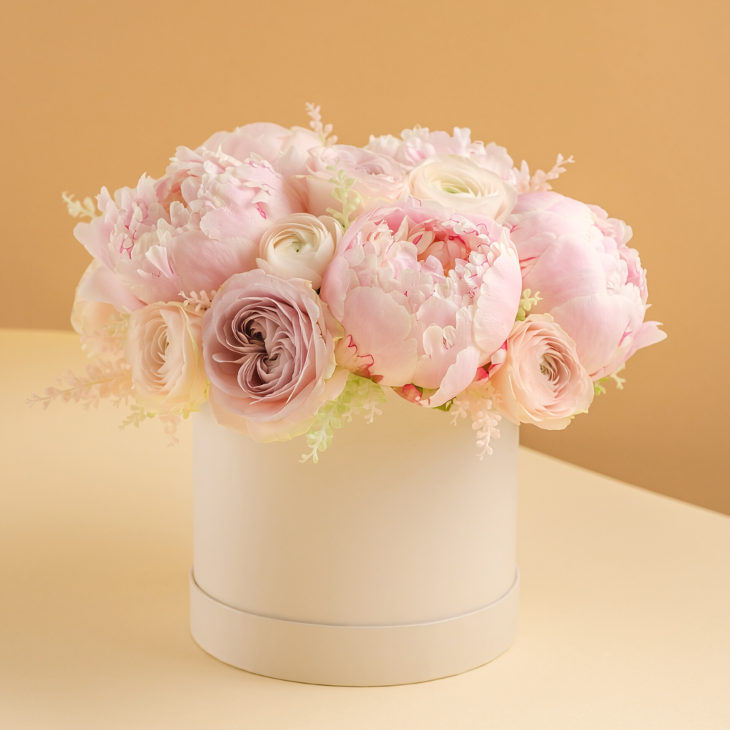 Romantic pink peony-inspired flower arrangement in a box