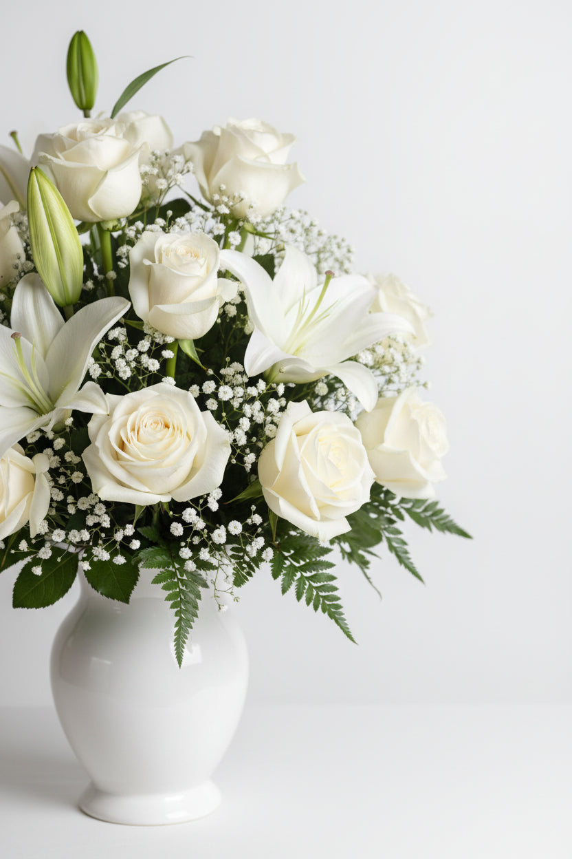 White Elegance Sympathy Arrangement - Grand real fresh flowers by Ultimate Creations NY