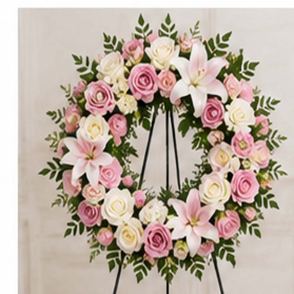 Pink rose and lily serenity funeral wreath on easel