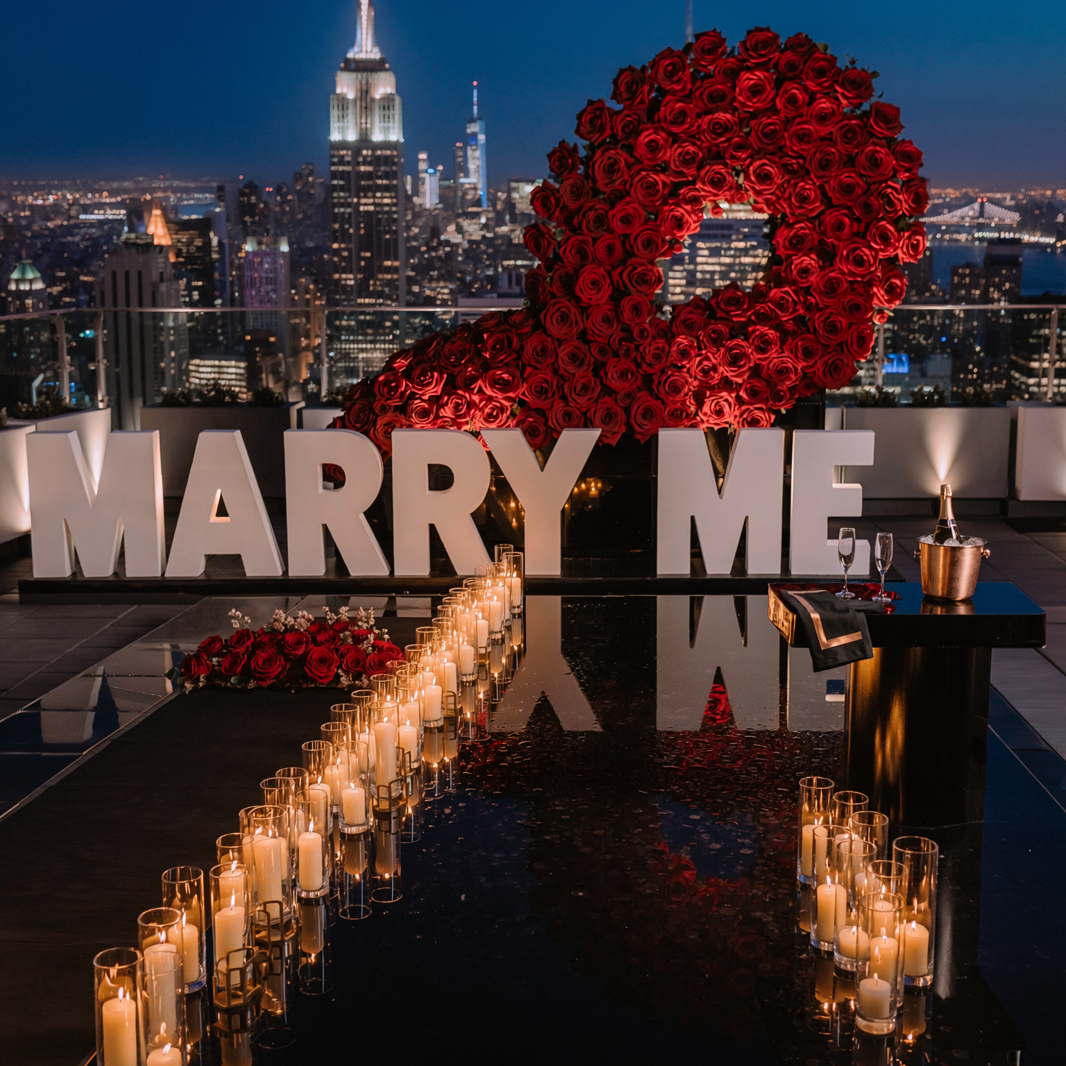 Full-scale luxury NYC proposal production with premium florals, candles and illuminated letters
