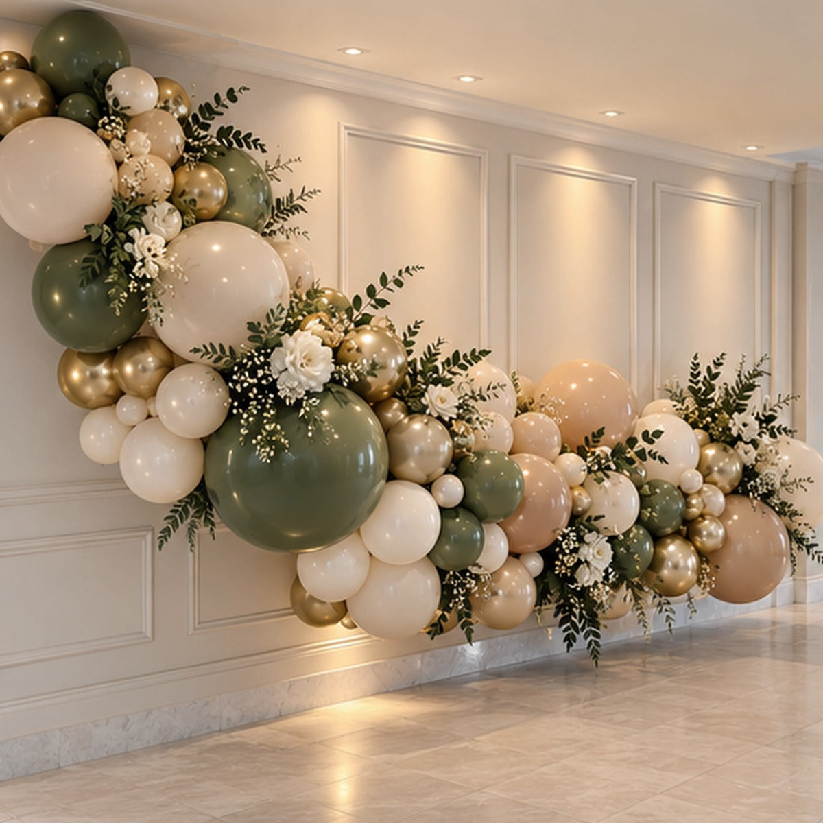 Premium organic balloon garland installation in neutral green cream and gold colors