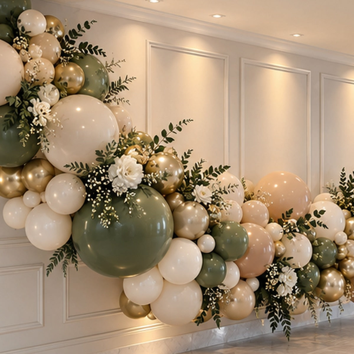 Close detail of luxury organic balloon garland with mixed balloon sizes and floral accents