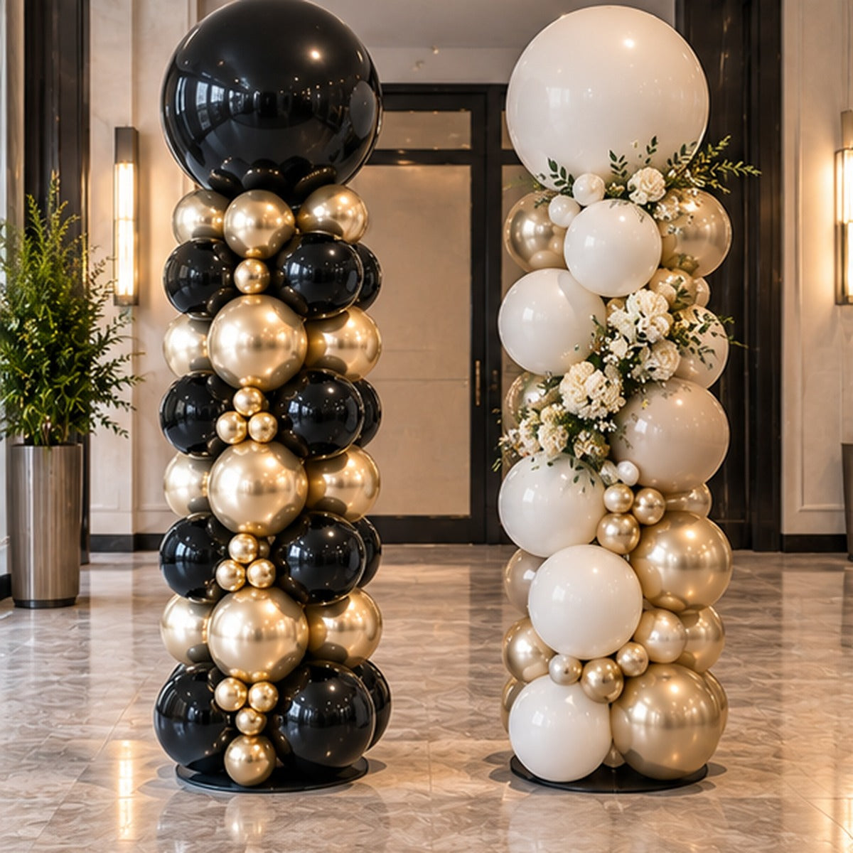 Premium black and gold statement balloon tower for an upscale event entrance