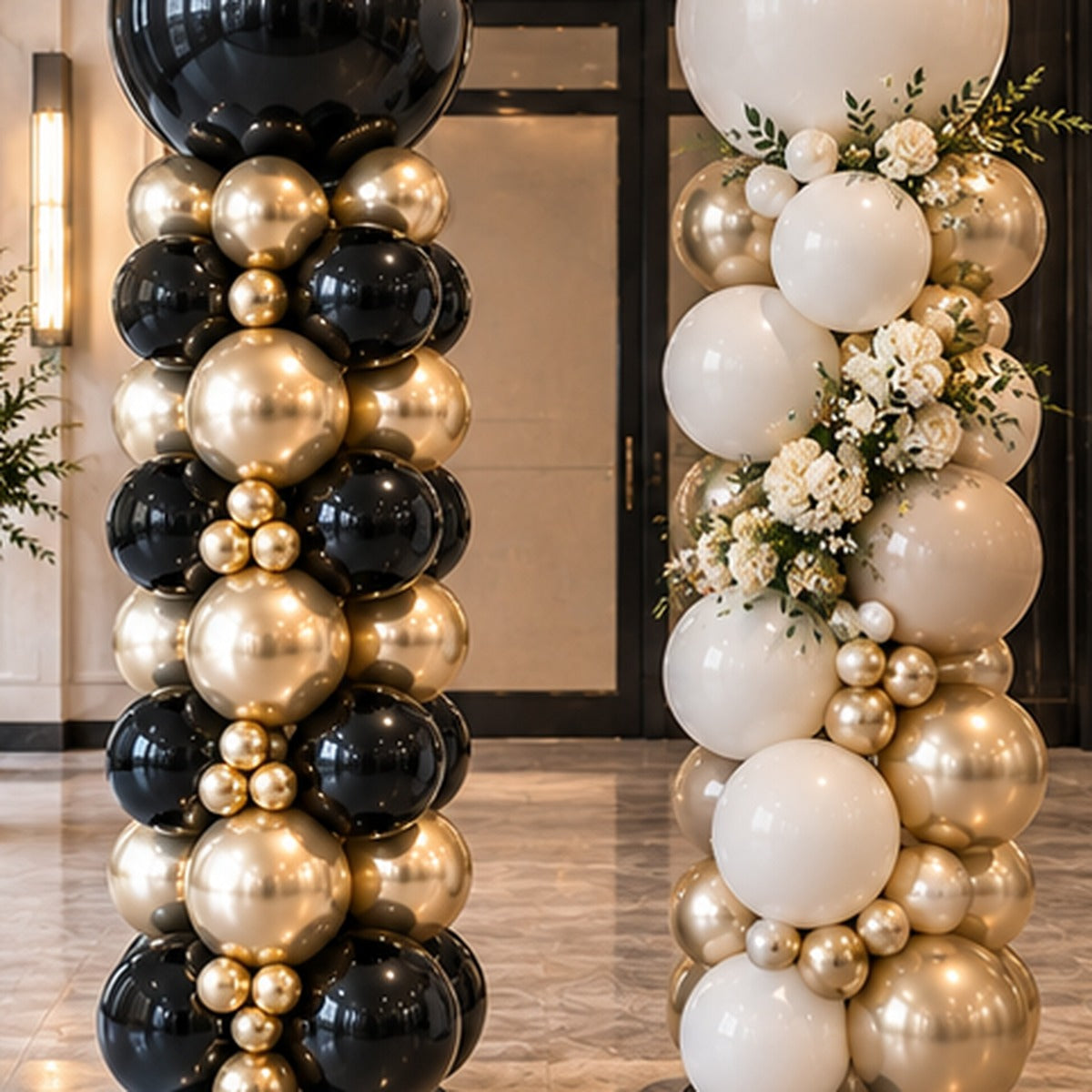 Close view of luxury statement balloon tower with oversized topper and metallic balloon accents