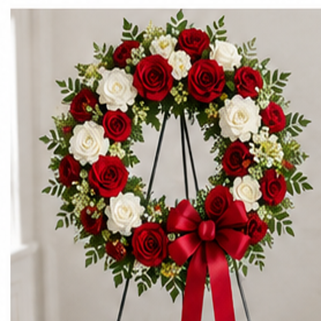 Red and white rose tribute funeral wreath on easel
