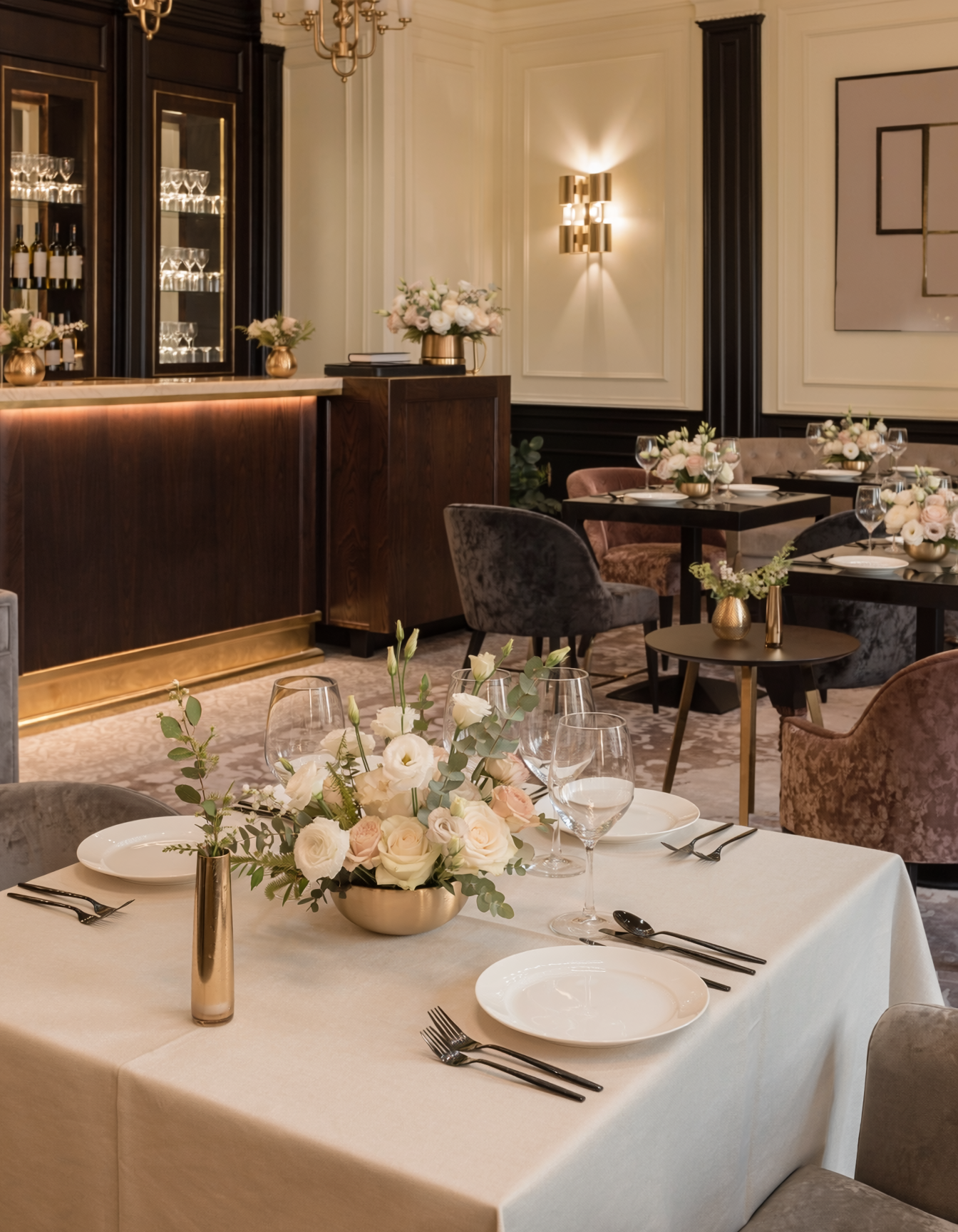Restaurant and Dining Floral Membership coordinated tables host stand bar and lounge scene