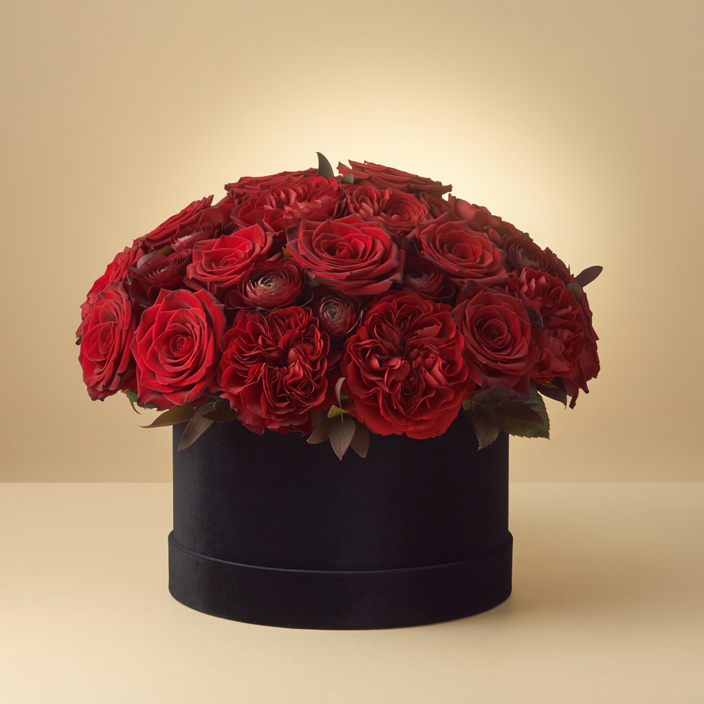 Romantic red rose and seasonal flower arrangement in a box