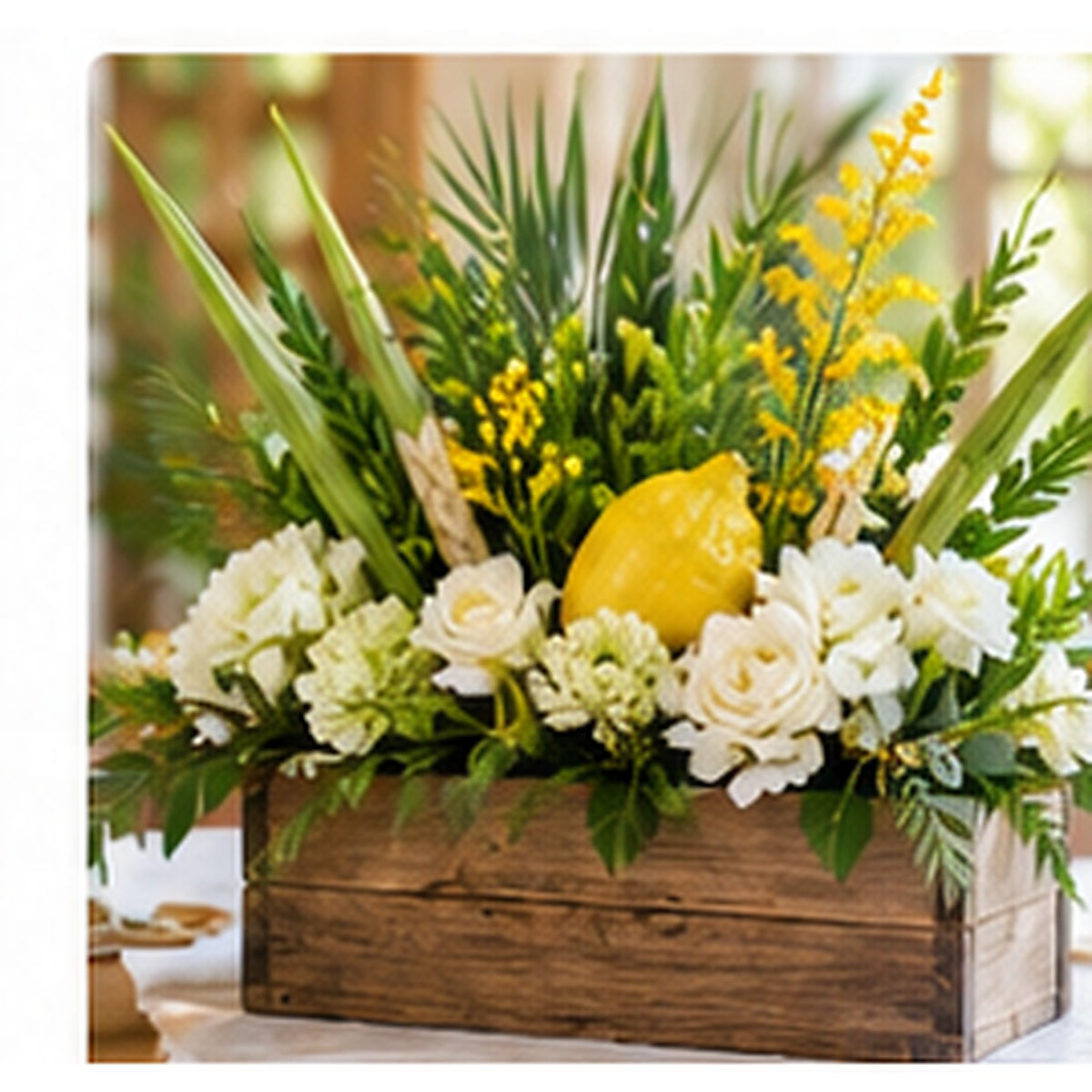 Rustic Sukkot flower box centerpiece with white blooms, greenery and seasonal yellow accents