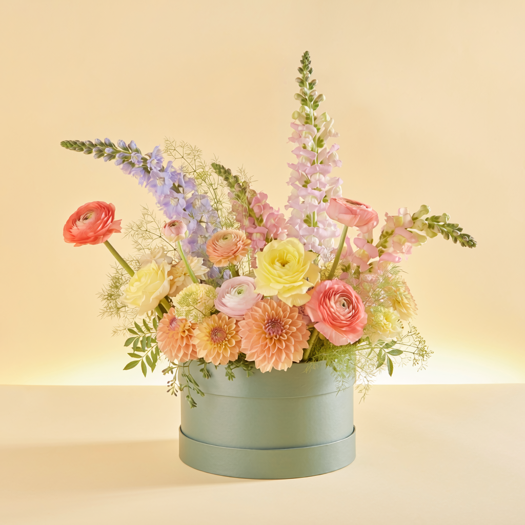 Colorful seasonal garden flower arrangement in a sage green box