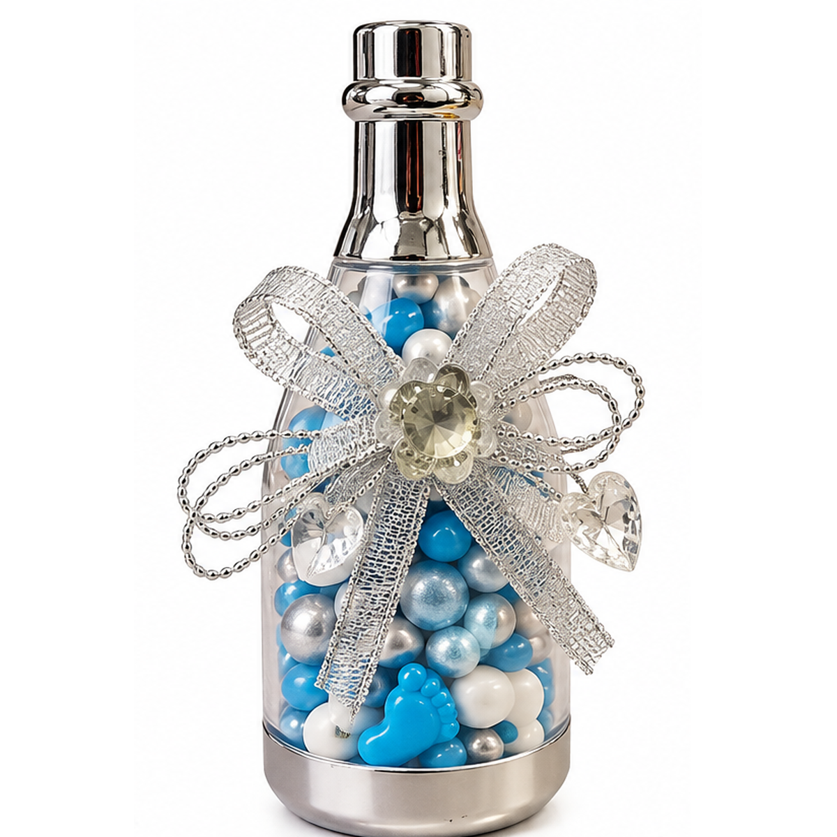 Silver Peckeleh candy bottle favor with themed gender candies on a clean white background