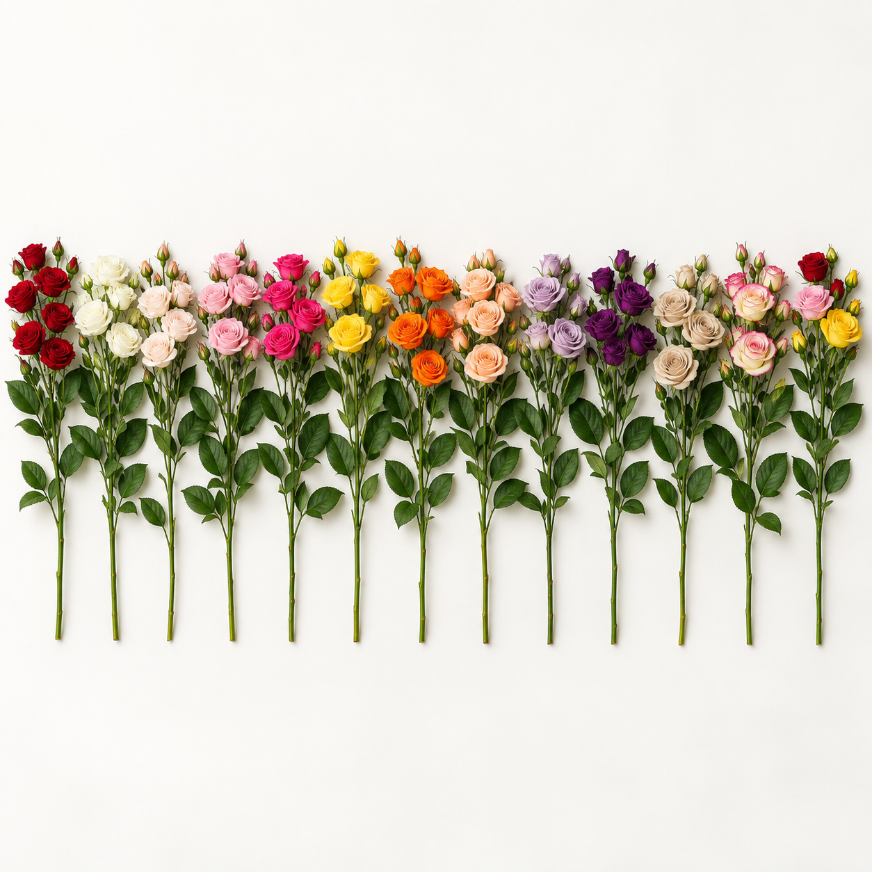 Fresh-cut spray roses with multiple blooms per stem shown in 13 color families for texture and volume.