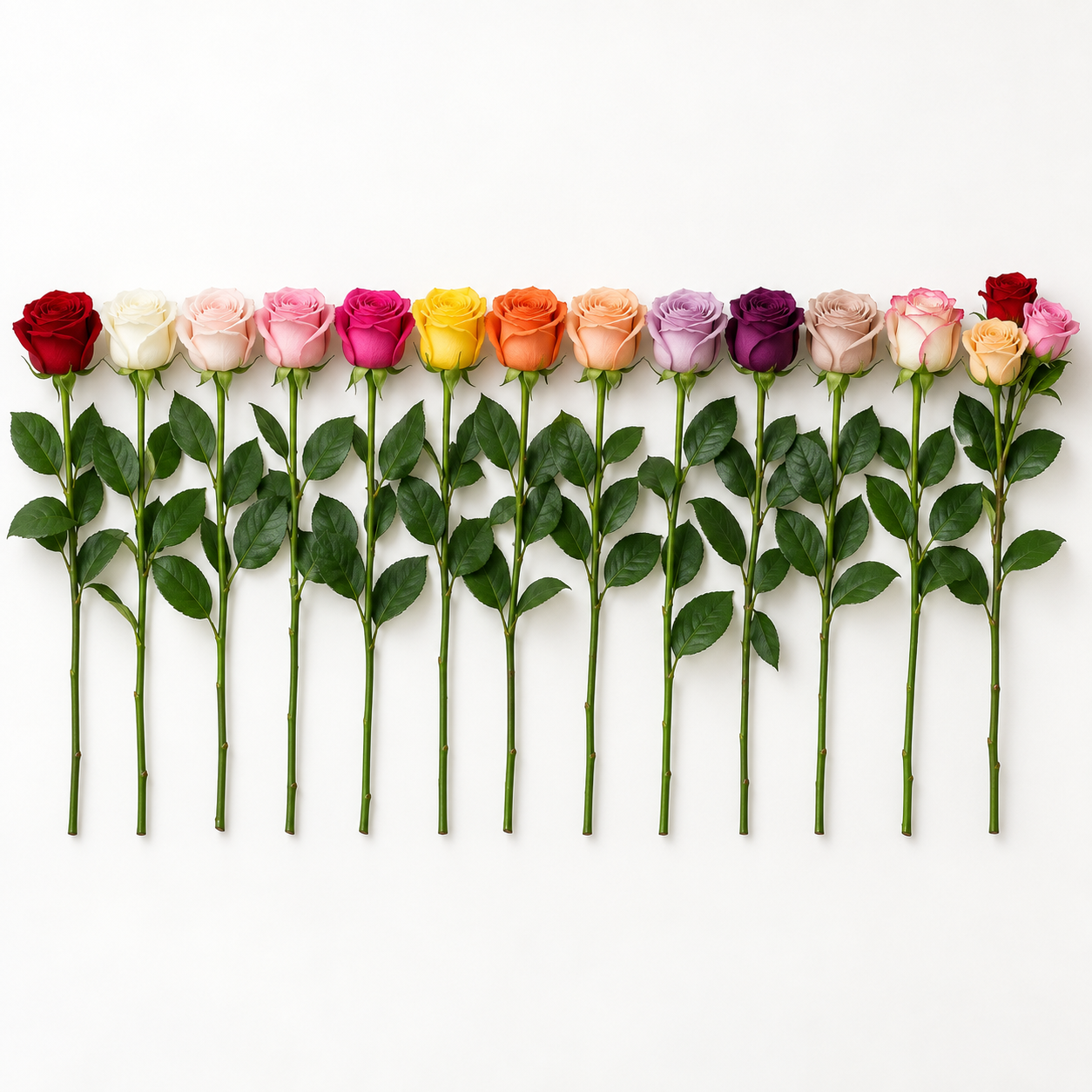 Fresh-cut standard 50 cm roses shown in 13 color families: red, white, blush, pink, yellow, orange, peach, lavender, purple, champagne, bi-color and assorted.