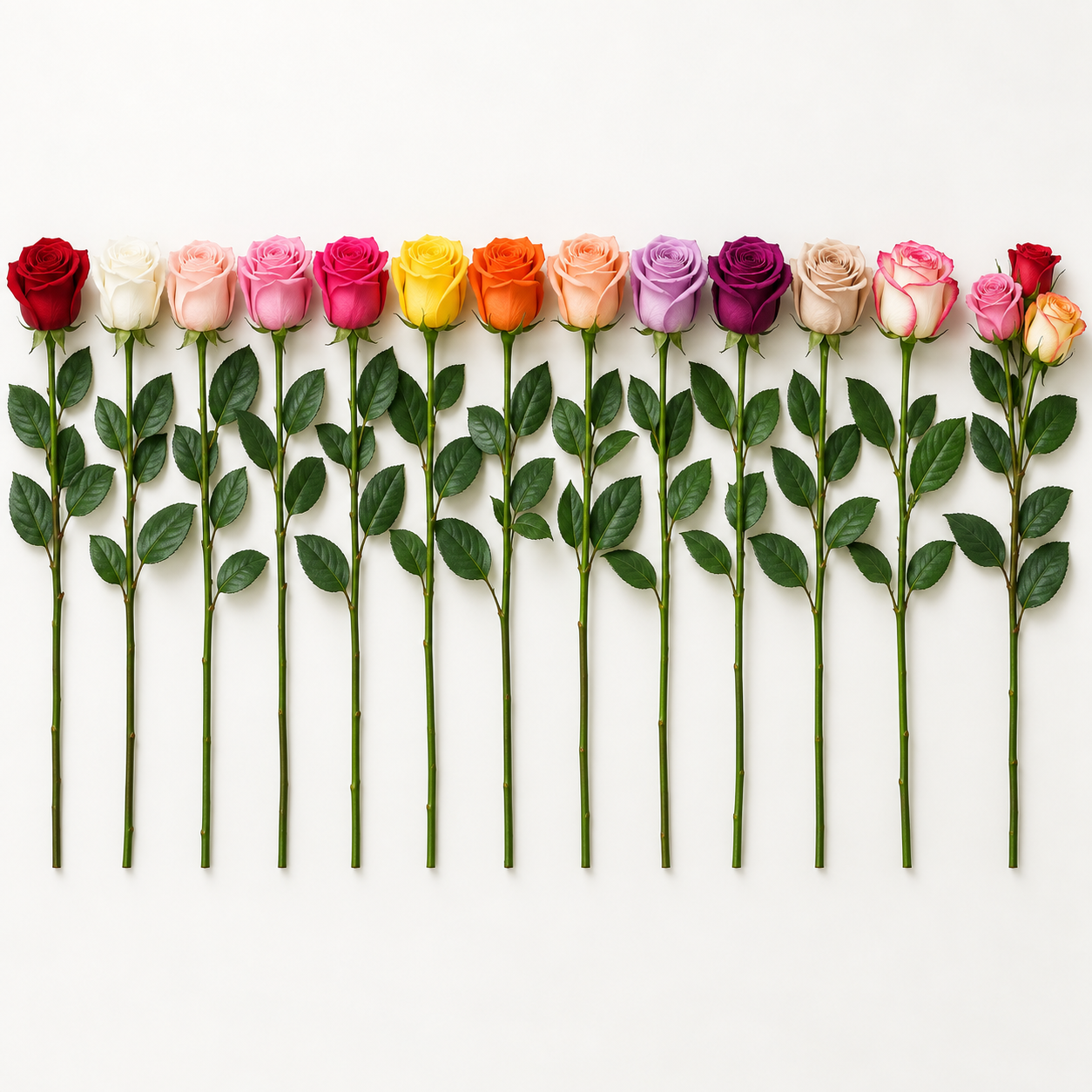 Fresh-cut premium 60 cm roses with longer stems shown in 13 color families for bouquets and events.